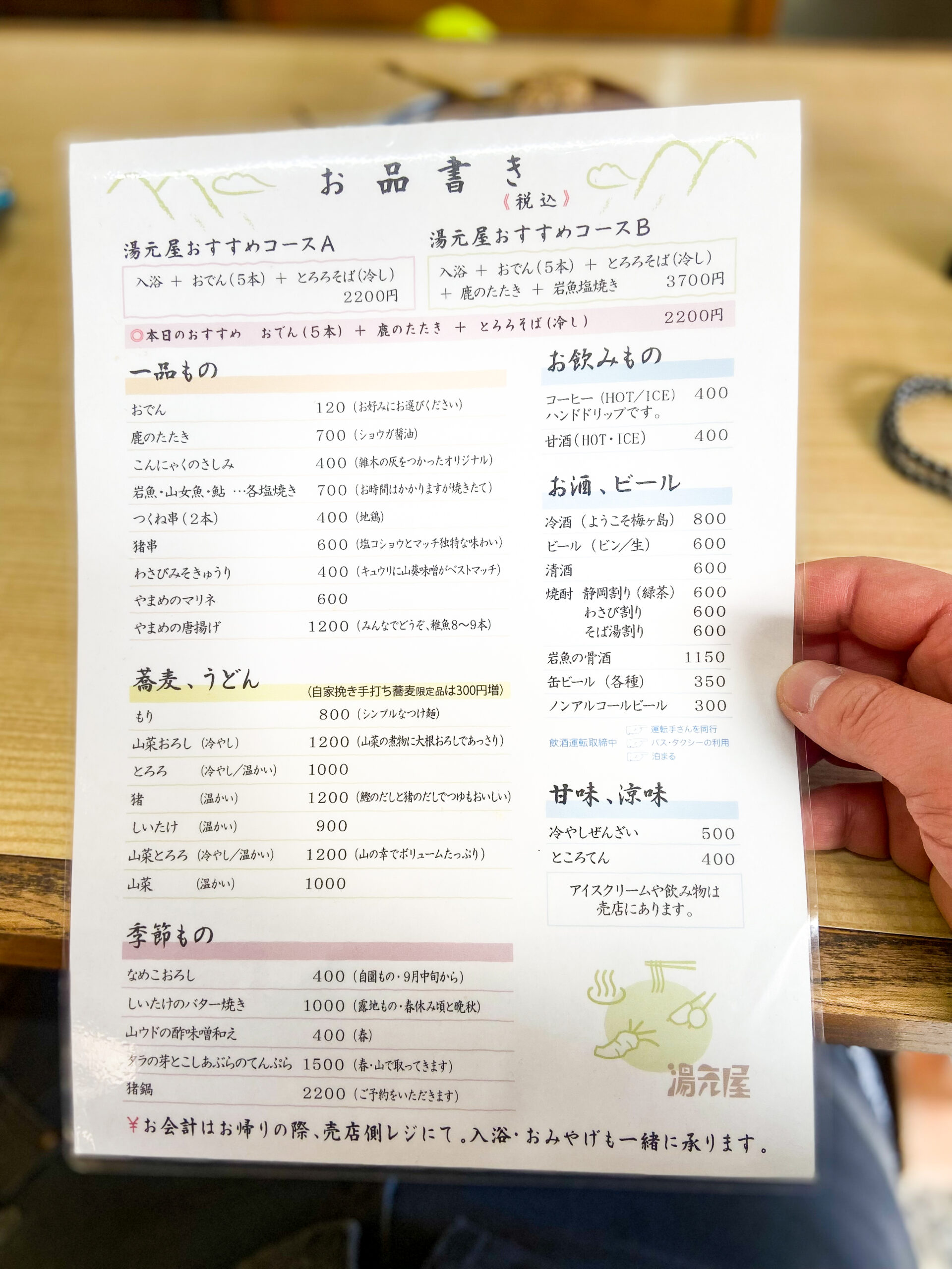 梅ヶ島温泉の日帰り温泉施設「湯元屋」メニュー