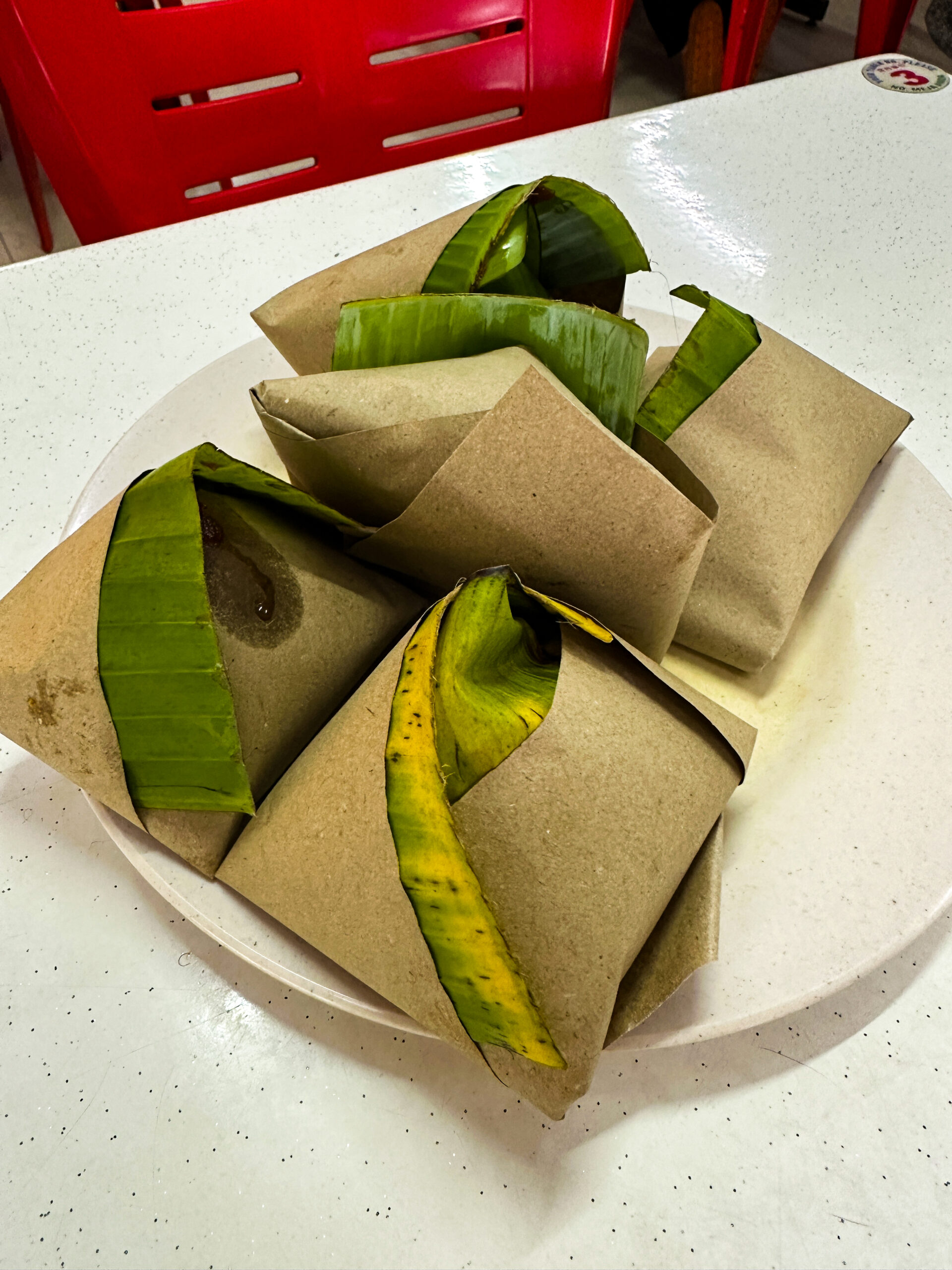 バナナリーフに包まれたナシレマッ（マレーシアの朝食）